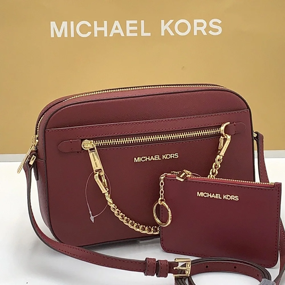 MICHAEL KORS LARGE EW ZIP CHAIN CROSSBODY DARK CHERRY & SM  TZ COINPOUCH MULBERR - Picture 2 of 16